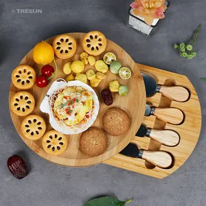 Plateau de service à charnière avec tiroir coulissant pour le vin et les craquelins, plateau rond en bambou pour la viande et le fromage, ensemble de couteaux