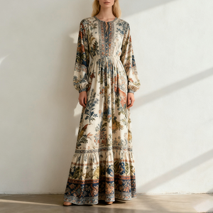 OEM Usine Personnalisée Printemps Été <span class=keywords><strong>Robe</strong></span> à Imprimé <span class=keywords><strong>Bohème</strong></span> Femmes Style Ethnique <span class=keywords><strong>Robe</strong></span> à Couture à Manches Longues Ample - Product Image 1