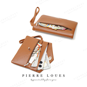 Pierre Loues Long <b>Zip</b> <b>Wallet</b> Clutch 7 Inch Large Capacity Women's <b>Wallet</b> With Wrist Strap Solid Color Brown - Product Image 1