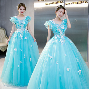 Ice Blue Ball Gown Sweetheart Neckline Chiffon Prom Dress Floral Print Empire Waistline Women's Evening Gown - Product Image 1