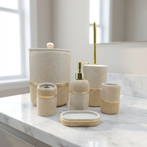 Custom Sandstone Toiletries Resin Bathroom Set Manufacturer Polyresin 6 Piece Soap Dispenser Tumbler Holder Lodge Home Decor