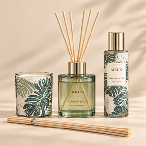 Ensemble de parfums d'ambiance en verre imprimé botanique Aikun, directement de l'usine, avec diffuseur à bâtonnets, bougie parfumée, spray d'ambiance, emballage personnalisé - Product Image 1