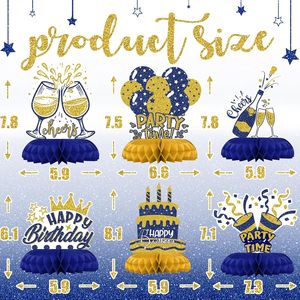 Décorations d'<span class=keywords><strong>anniversaire</strong></span> bleues <span class=keywords><strong>et</strong></span> dorées - Centres de table en nid d'abeille, élégants toppers de table pour adultes, décorations d'<span class=keywords><strong>anniversaire</strong></span> stylées - Product Image 2