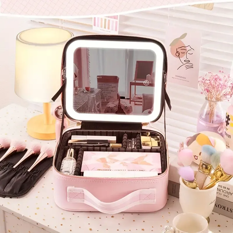 High quality hot selling waterproof customized makeup bag Hand-held mirror 3 colors adjustable makeup bag with led mirror