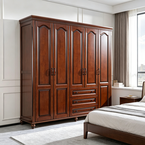Oversized Storage 6 Door Solid Wood Wardrobe With 3 <b>Drawers</b> Retro <b>Walnut</b> Bedroom Clothes Closet Organizer Wardrobe - Product Image 2
