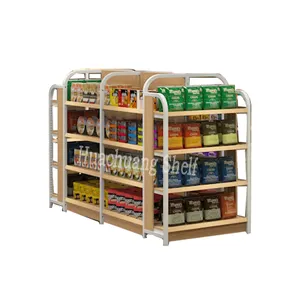 Huachuang grocery store design layout customized supermarket shelf metal wooden convenience gondola display rack snack wall unit