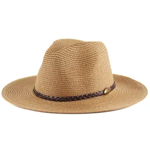 Outdoor Men Spring Summer Breathable Sun Straw Braid Floppy Fedora Beach Mens Sun Hat Straw With Leather Chain