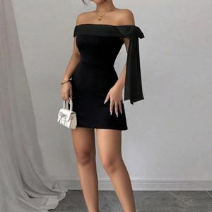 <span class=keywords><strong>Abito</strong></span> Mini Bodycon da Donna Sexy ed Elegante con <span class=keywords><strong>Spalle</strong></span> <span class=keywords><strong>Scoperte</strong></span> e Maniche Drappeggiate, Nero <span class=keywords><strong>in</strong></span> <span class=keywords><strong>Maglia</strong></span> Traspirante, per Feste Primavera/Estate - Product Image 2