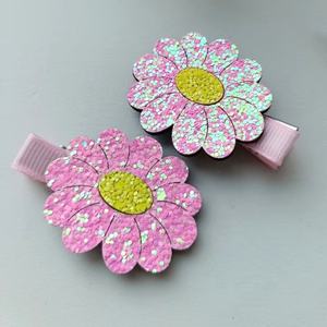 Accessoires pour cheveux de fête pour enfants, 2 pièces/ensemble, barrettes en feutre de tissu rose, fleurs en paillettes, pinces à cheveux pour petites filles - Product Image 1