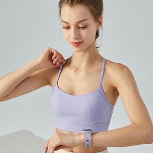 Women Ribbed T-Strap <b>Back</b> Sports Bra Thin Spaghetti Strap Padded Yoga Crop <b>Top</b> Stretch <b>Low</b> Impact Pilates Workout Vest OEM ODM - Product Image 3
