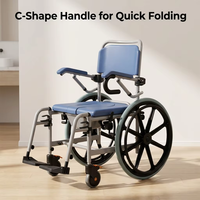 Chaise de toilette pliante RAFU RF4210A avec poignée en forme de C, cadre en aluminium thermolaqué, roulettes avec frein de 5 pouces, roues arrière de 22 pouces, accoudoirs rabattables