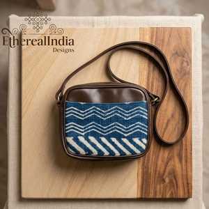 Blue Ikat Sling Bag Handmade Rug Fabric Crossbody Small Ethnic Cotton Purse <b>Adjustable</b> <b>Strap</b> - Product Image 2