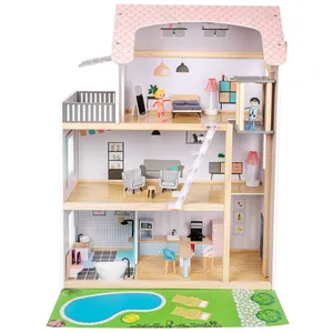 Custom Big Kids Cute Furniture Diy 3D Wooden Doll House Play Inside House With Sound and Lights For Kids