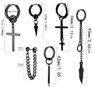 Juego de Pendientes de Aro con Colgante de Cruz, Acero Inoxidable, Cadena Larga Negra, Pendientes Unisex de Moda - Product Image 2