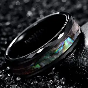 Anéis de joias personalizados de moda banhados a preto com incrustações de abalone e carbeto de tungstênio para homens