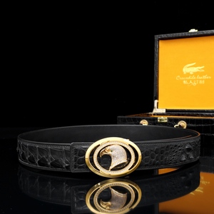 Cinturón de cuero de cocodrilo personalizado, lujoso cinturón clásico para hombre con cabeza de águila y diamantes incrustados a mano. - Product Image 3