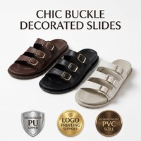 Sandales d'été décontractées pour femmes à trois brides et boucles, en cuir PU confortable, mules plates, chaussures de plage personnalisables en gros