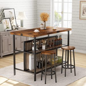 Mesa de Desayuno Industrial de Madera SENYU con 2 Taburetes, Isla de Cocina con Estante de Almacenamiento, Acabado Antiguo, Diseño Multifuncional - Product Image 2