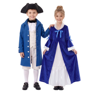 Costume colonial pour enfants, ensemble robe et manteau bleus pour garçons et filles, tenue de cosplay pour Halloween - Product Image 1