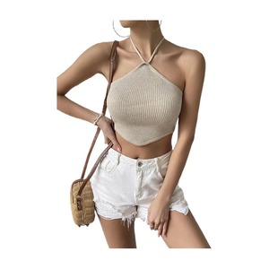 Women's Knit Halter Top Apricot Solid Color Micro <b>Elasticity</b> Summer Breathable Casual Wear - Product Image 5