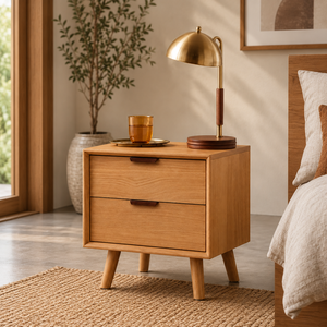 Mesita de Noche Nórdica de Roble Macizo con Dos Cajones, Mesita de Noche de Madera Contemporánea para Muebles de Dormitorio de Lujo - Product Image 1