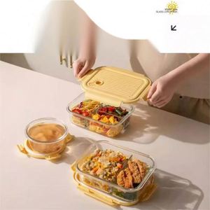 Cute High Borosilicate Glass 4-Compartment Bento <b>Lunch</b> <b>Box</b> Set Microwavable Heatable Lid Storage Bag Included BPA Free - Product Image 3