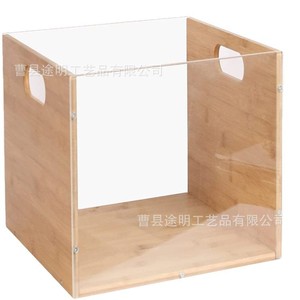 Wooden <b>Record</b> Storage Box Rectangle Natural Wood Color With Handle Visible View For Magazine And Newspaper Storage - Product Image 5