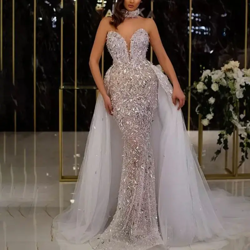 2021 nouveauté haute qualité femmes luxe sexy tempérament paillettes sirène robe de soirée sans manches col en v élégante robe de queue