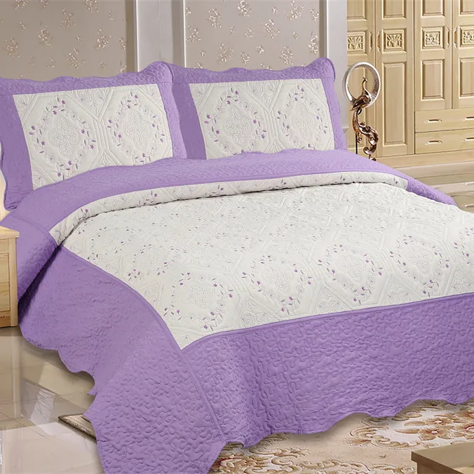 Purprle Quilted Bedspread Set Embroidery Quilts Microfiber Comforter Sets 3pcs Quilt Colcha Coverlets Bedding Home