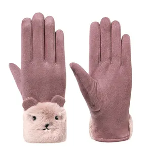 Sarung tangan hangat wanita musim dingin, sarung tangan insulasi tebal beruang kecil lucu, sarung tangan layar sentuh modis