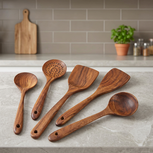 Ensemble d'ustensiles de cuisine en bois, 5 pièces, avec spatules et cuillères, outils de cuisine en bois naturel résistant à la chaleur - Product Image 4