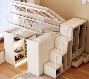 Ensembles de <span class=keywords><strong>chambre</strong></span> à coucher king size Queen <span class=keywords><strong>moderne</strong></span> <span class=keywords><strong>adulte</strong></span> blanc Lit hydraulique en bois relevable avec placard de rangement et escalier - Product Image 5