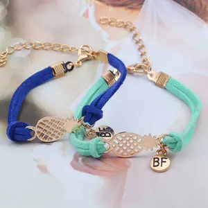 2404 Fashion Wholesale Hollow Pineapple Charm Letter BF Faux Leather Rope Bracelet Best Friend Women Girls Double Layers