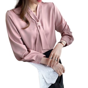 Blusa de Gasa Blanca Profesional con Lazo Bonito para Primavera y Otoño, Cuello <span class=keywords><strong>en</strong></span> V, Elegante, Lavable, para Mujer - Product Image 5
