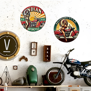 Ensemble de panneaux métalliques ronds vintage <span class=keywords><strong>Indian</strong></span> Motorcycle, décoration murale rétro pour <span class=keywords><strong>garage</strong></span>, bar, atelier automobile, ou décoration de man cave. - Product Image 3