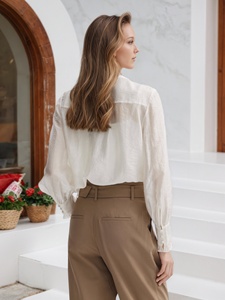 2025 moda adelante 100% Lyocell sólido teñido tejido cascada Faggotting Edge manga larga cascada blusa - Product Image 4