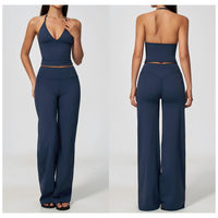 Pakaian Yoga Solid Berbahan Halus dengan Kerah V Dalam Model Halter, Menyerap Keringat, Bernapas, Bergaya, Set 2 Potong, Pakaian Aktif