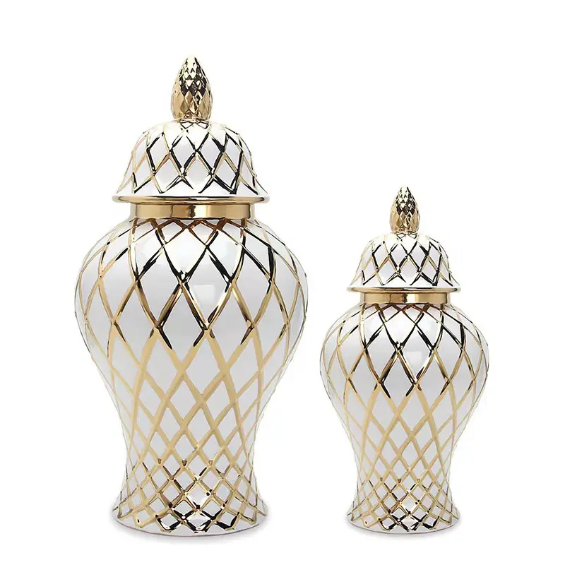 Home Decor Custom Wholesale Large Glazed White Electroplated Line Golden Porcelain Ceramic Ginger Jar Flower Vase with Lid