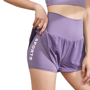 Label Pribadi Celana Pendek Olahraga Yoga, Celana Pendek Wanita 2 In 1 Gym Lari Cepat Kering