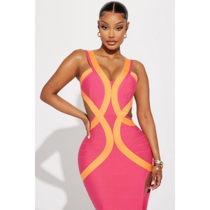 Nouvelle robe de soirée décontractée sexy pour femme, design personnalisé, taille ajustée, sans manches, col en V, découpe contrastante, fermeture dos nu - Product Image 2