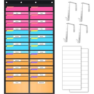Organisateur mural suspendu en nylon avec 20 poches de rangement transparentes et 4 crochets en acier inoxydable pour salle de classe ou bureau - Product Image 1