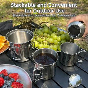 4 Piece Stainless Steel <b>Cup</b> <b>Set</b> with Foldable Handles Stackable Portable Travel Mug <b>Set</b> for Hiking Backpacking Picnic - Product Image 2