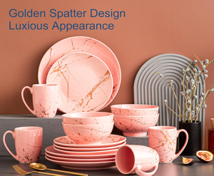 Service de vaisselle en céramique marbrée rose poudré, 16 pièces, assiettes, bols, mugs, pour 4 personnes, luxe, cuisine, hôtel, restaurant, mariage, vente en gros - Product Image 4