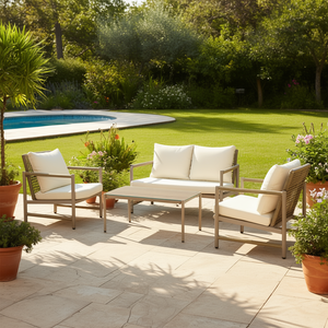 Conjunto de Muebles de Jardín de Mimbre Sintético, Sofá para Exteriores con Mesa de Vidrio Templado, Cojines Lavables, para Jardín, Piscina, Balcón - Product Image 2