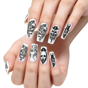 24 <span class=keywords><strong>Uñas</strong></span> Postizas Góticas de Diseño Largo en Forma de Ataúd, Negras y Blancas <span class=keywords><strong>con</strong></span> Calaveras y Rosas, <span class=keywords><strong>Uñas</strong></span> Acrílicas de Terror para Halloween, para Mujeres, para Fiestas - Product Image 2