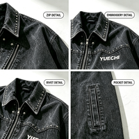 Blouson Bomber Homme Hiver Noir Streetwear Personnalisé en Denim Matelassé avec Rivets et Clous, Lavage Vintage, Fermeture Éclair et Sérigraphie, Coupe Oversize
