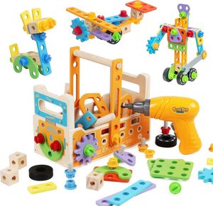 Coffret d'outils multifonctionnel en bois naturel pour enfants, 91 pièces, avec tournevis électriques, pour la construction et le bricolage - Product Image 1