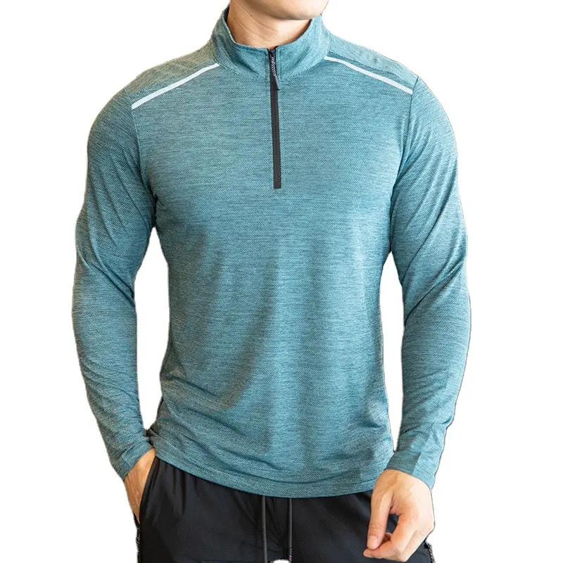 Wholesale Quick Dry Polyester Plain Long Sleeve Sports Quarter Zip Top Mens Blank Custom Logo T shirt with Reflective Stripe