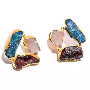 Bijoux de boucle d'oreille de pierre gemme en laiton, apatite néon de trois pierres, kyanite bleue, bijoux de boucle d'oreille de pierre gemme de citrine, bijoux plaqués or 18k - Product Image 5