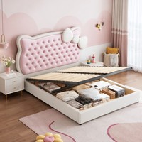 Cama de Almacenamiento Tapizada Rosa Princesa con Cabecero Acolchado con Lazo, Estructura con Elevación Hidráulica, Cama para Dormitorio de Niñas, OEM ODM, Venta al por Mayor